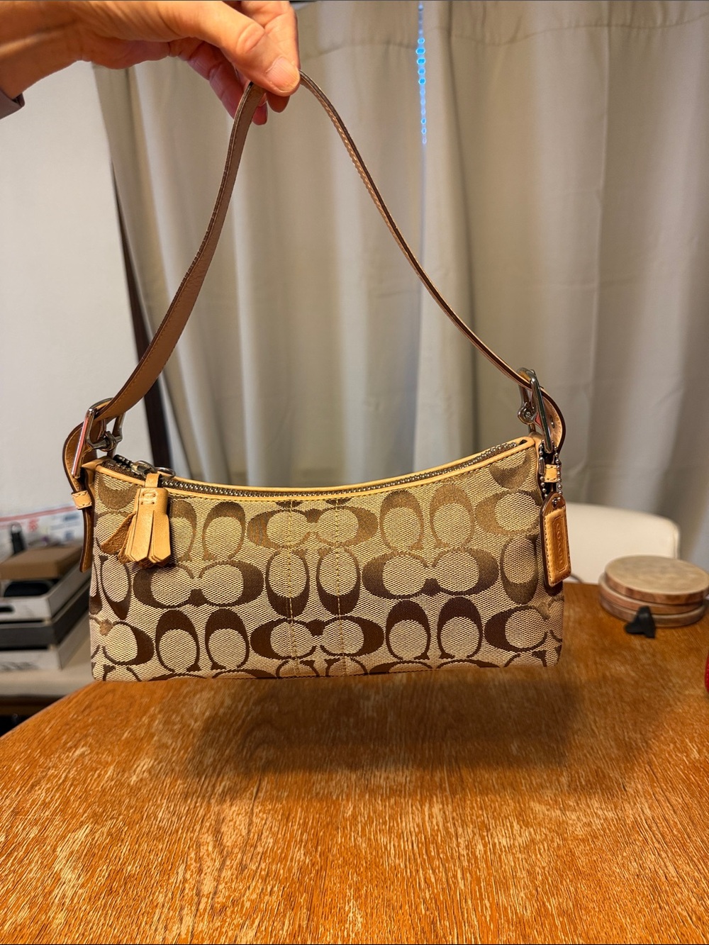 Coach Brown Signature Canvas Shoulder Bag with Leather Trim